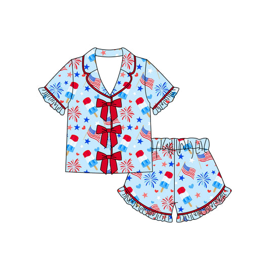 preorder GSSO3373 July 4th Firework Bows Short Sleeve Shorts Girls Pajamas