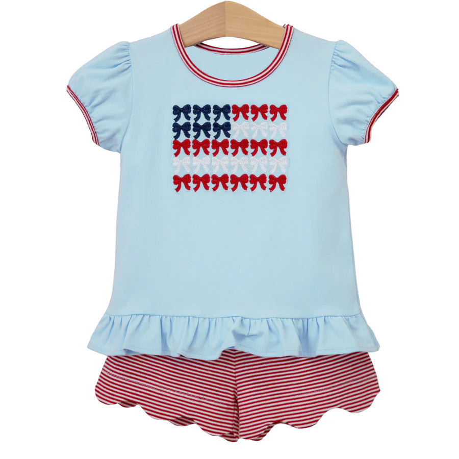 preorder GSSO3384 July 4th Flag Blue Short Sleeve Red Shorts Girls Set