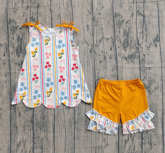 preorder Samples GSSO3388 Scallop Flowers Bows Sleeveless Yellow Shorts Girls Set