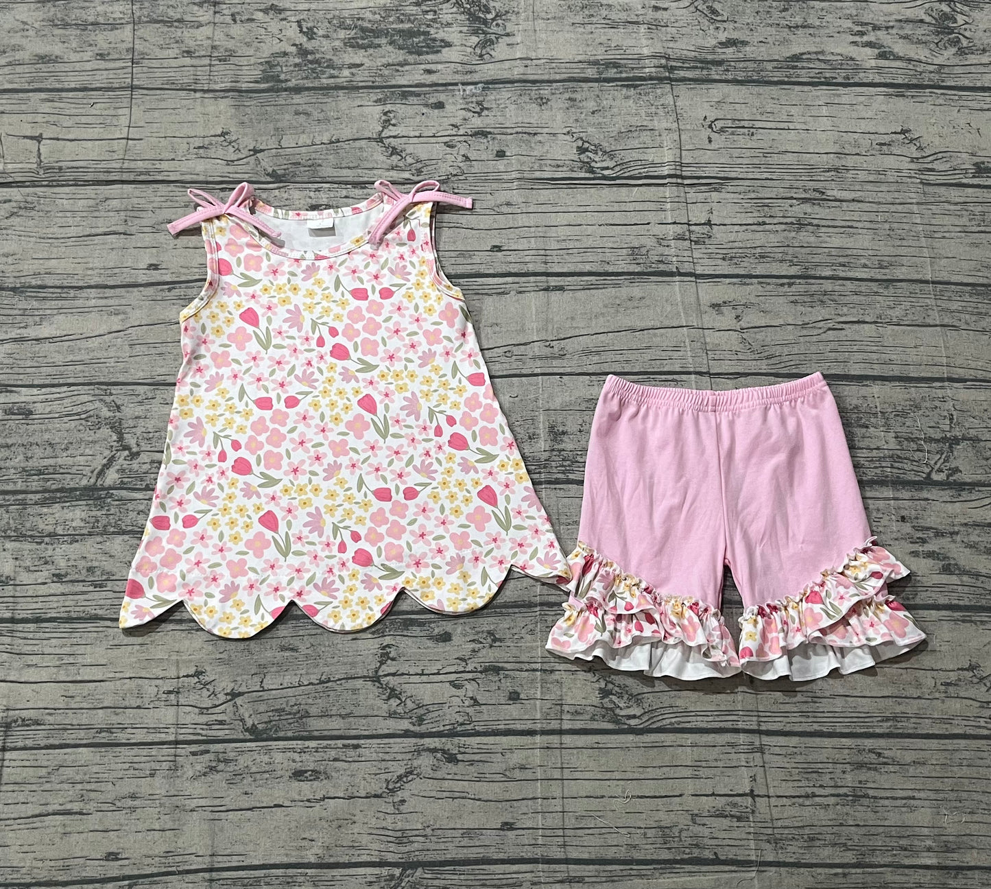 preorder Samples GSSO3389 Flowers Bows Sleeveless Pink Shorts Girls Set