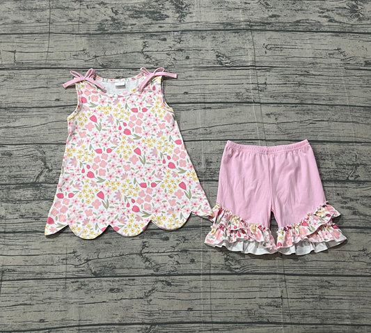 preorder Samples GSSO3389 Flowers Bows Sleeveless Pink Shorts Girls Set