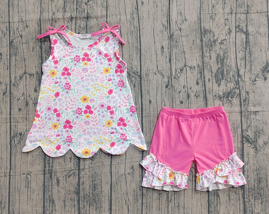 preorder Samples GSSO3391 Scallop Flowers Bows Sleeveless Pink Shorts Girls Set