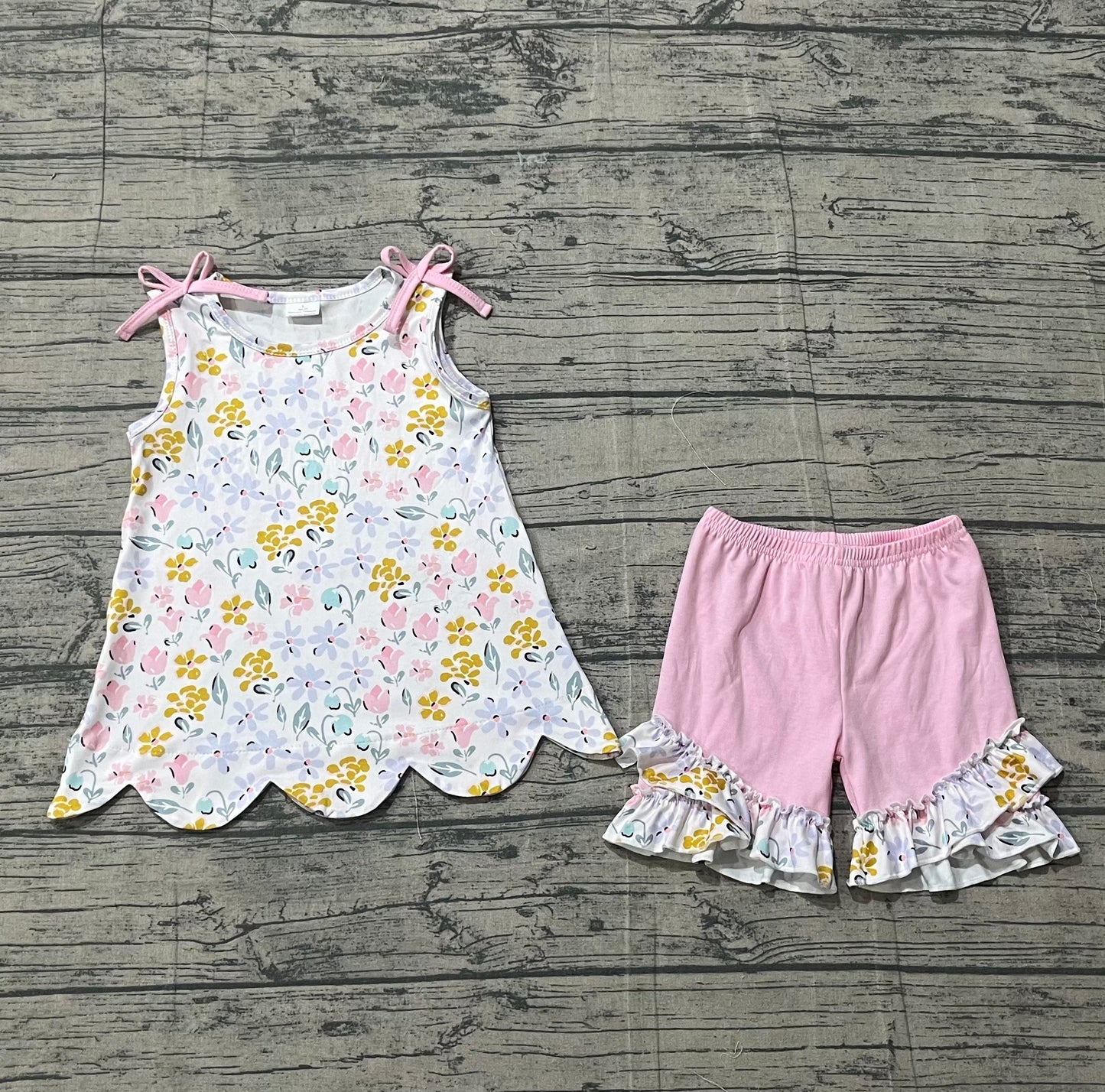 preorder Samples GSSO3392 Scallop Flowers Bows Sleeveless Pink Shorts Girls Set