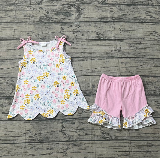 preorder Samples GSSO3392 Scallop Flowers Bows Sleeveless Pink Shorts Girls Set