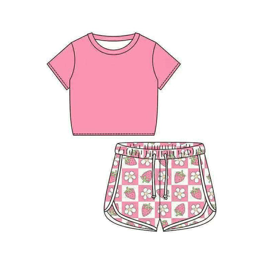 preorder GSSO3400 Pink Short Sleeve Strawberry Flowers Shorts Girls Set