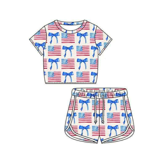 preorder GSSO3402 July 4th Flag Short Sleeve Shorts Girls Set