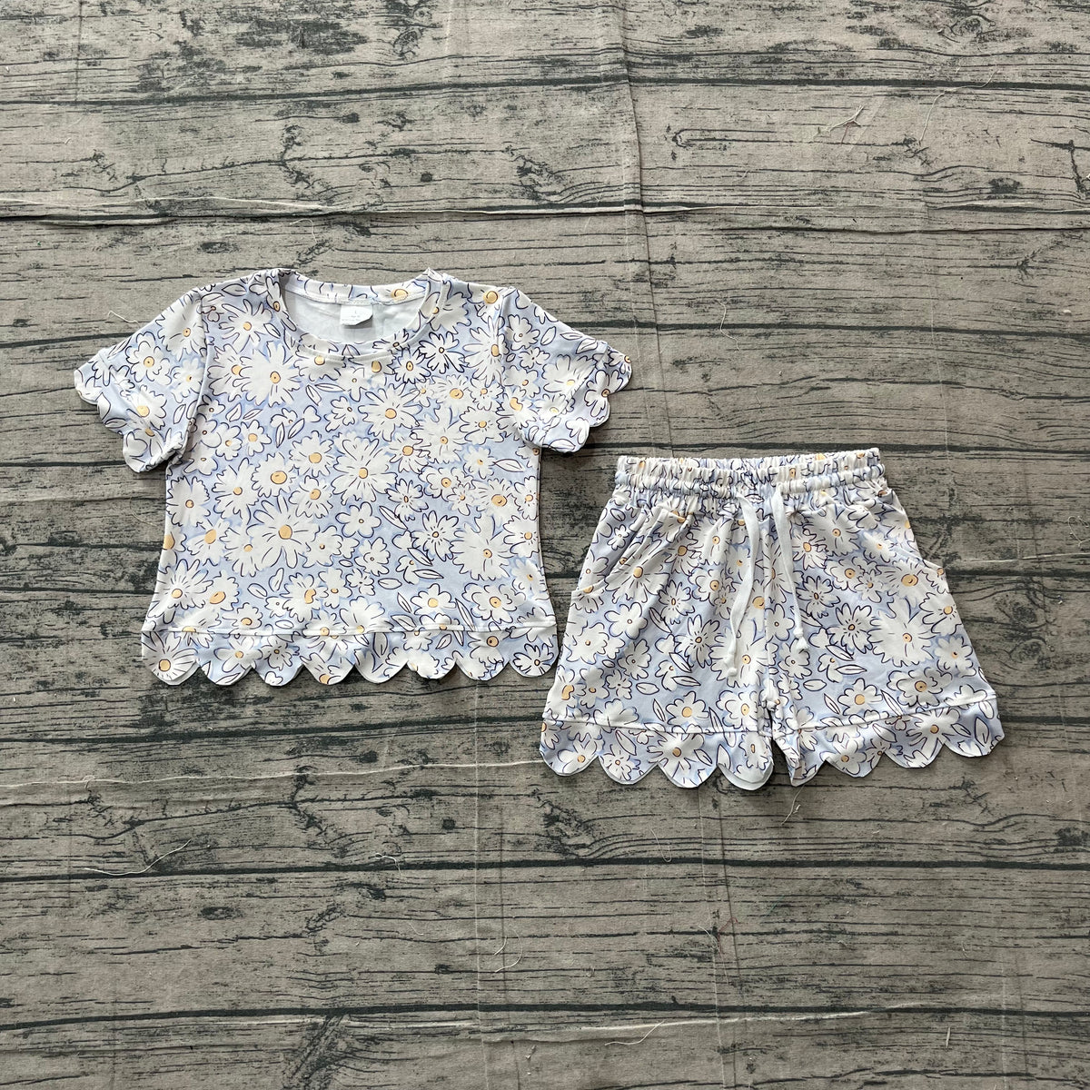 preorder Samples GSSO3406 Scallop Blue Flowers Short Sleeve Shorts Adult Women Pajamas