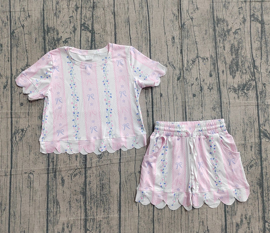 preorder Samples GSSO3410 Scallop Bows Flowers Pink Short Sleeve Shorts Girls Set