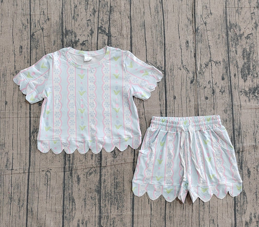 preorder Samples GSSO3412 Blue Flowers Short Sleeve Shorts Girls Set