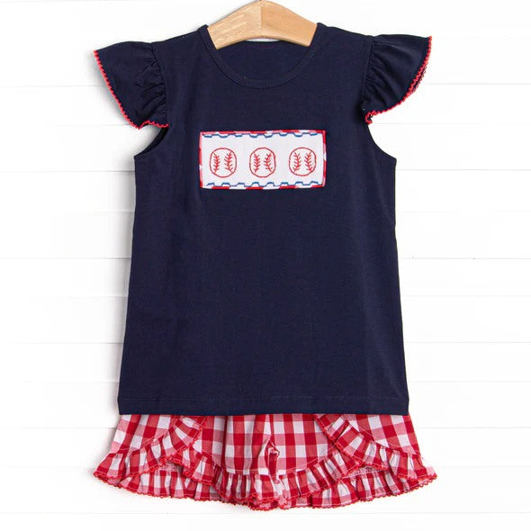 preorder GSSO3413 Baseball Navy Blue Flutter Sleeve Red Checkered Shorts Girls Set