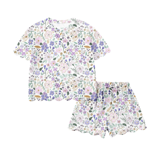 preorder GSSO3420 Purple Flowers Short Sleeve Shorts Adult Women Set
