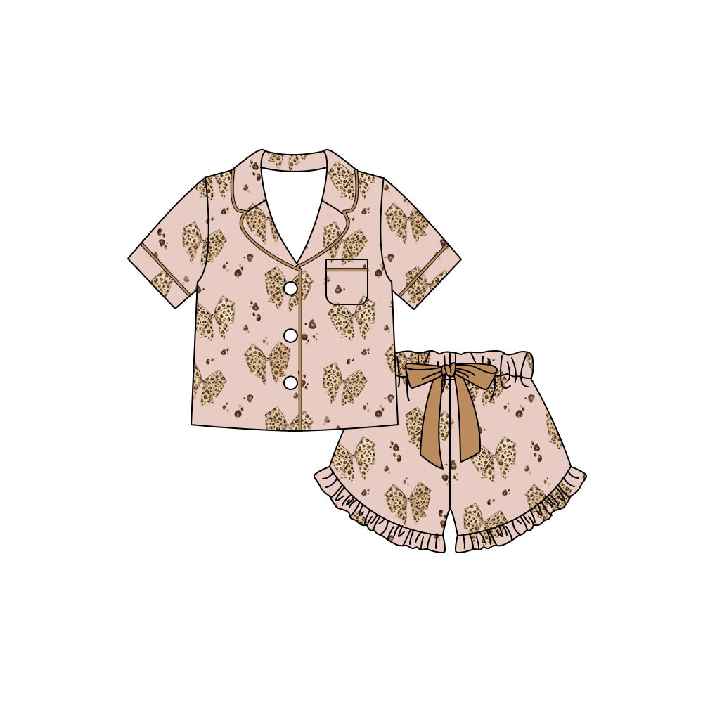 preorder GSSO3422 Leopard Bows Pink Short Sleeve Shorts Girls Set