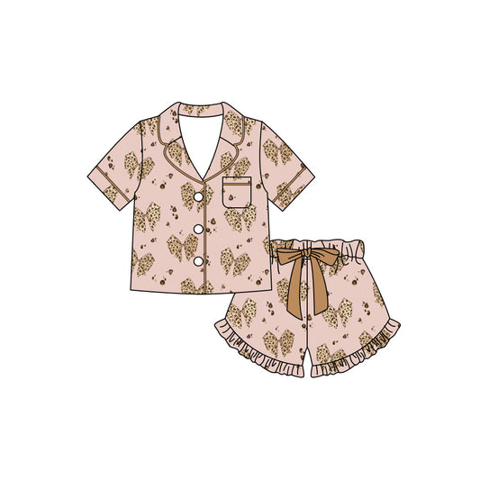 preorder GSSO3422 Leopard Bows Pink Short Sleeve Shorts Girls Set