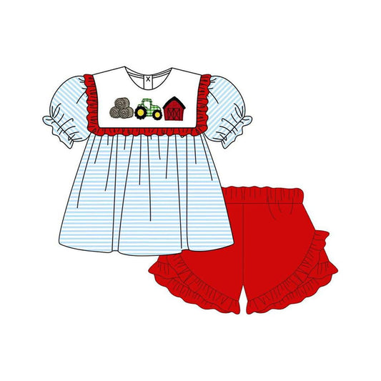 preorder GSSO3424 Farm Blue Striped Short Sleeve Red Shorts Girls Set