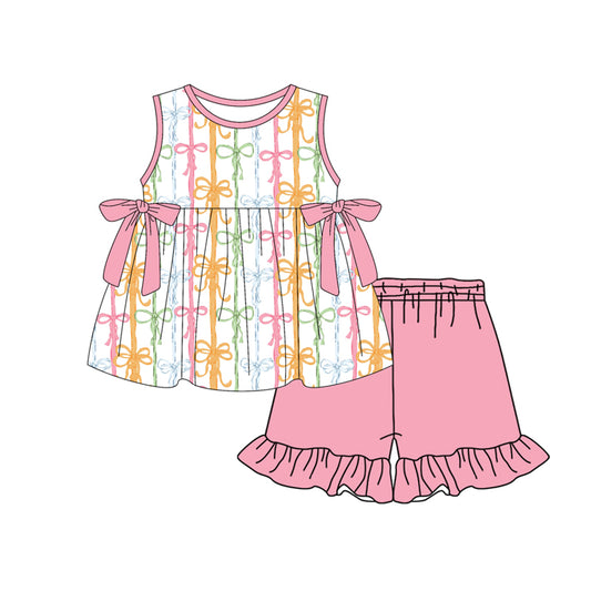 preorder GSSO3425 Colorful Bows Pink Sleeveless Pink Shorts Girls Set