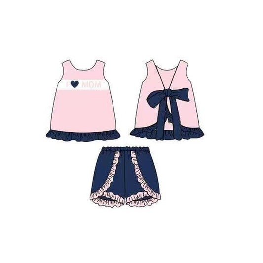 preorder GSSO3427 I Love Mon Pink Sleeveless With Bow Navy Blue Shorts Girls Set