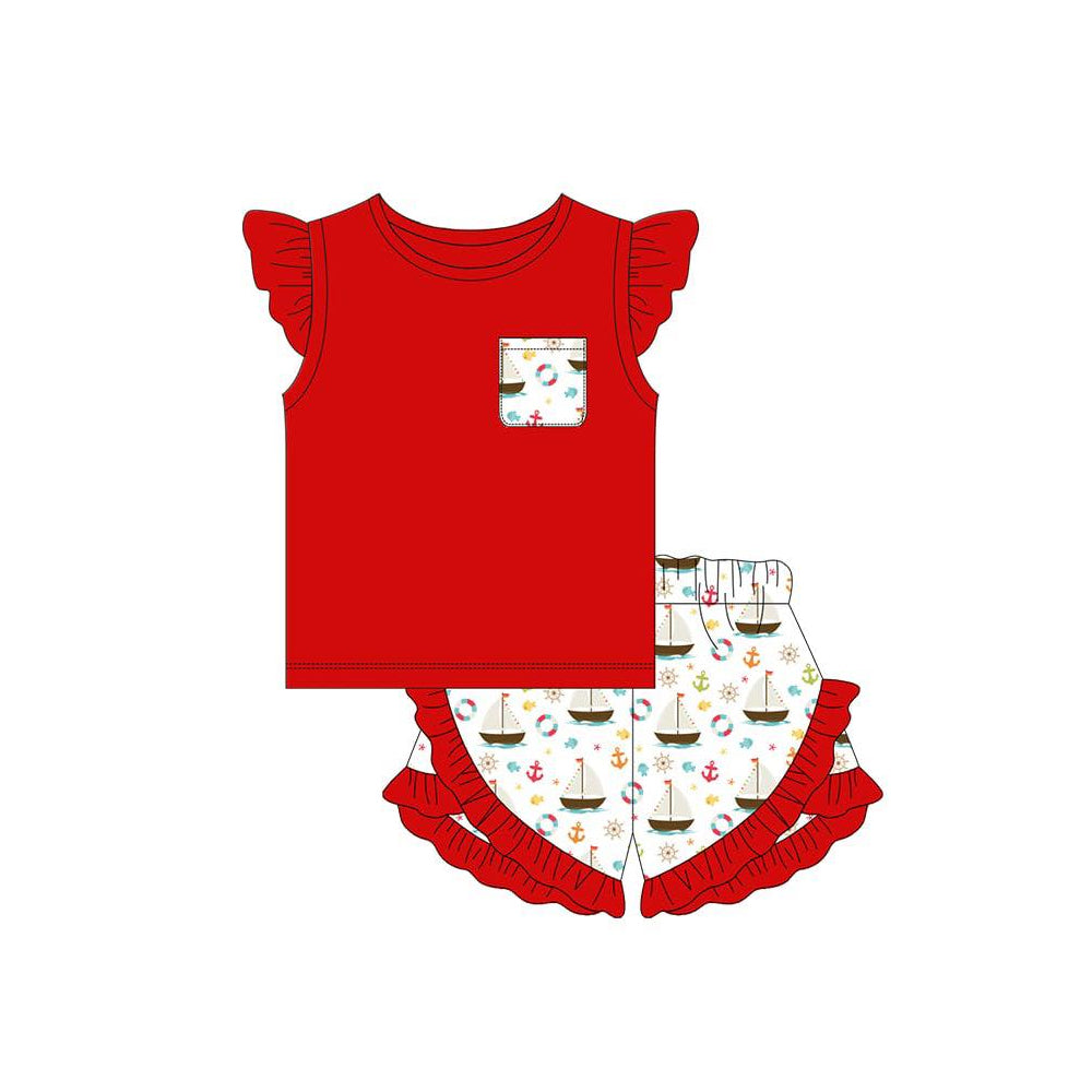 preorder GSSO3429 Sailboat Red Pocket Flutter Sleeve Shorts Girls Set