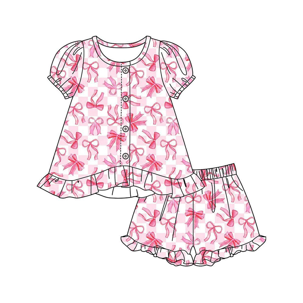 preorder GSSO3436 Pink Bows Short Sleeve Shorts Girls Set