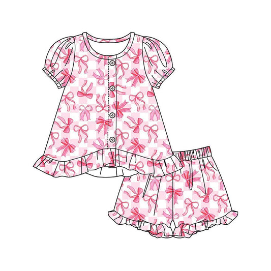 preorder GSSO3436 Pink Bows Short Sleeve Shorts Girls Set
