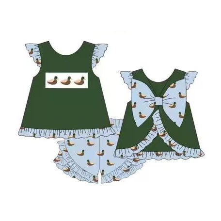 preorder GSSO3437 Mallard Duck Green Flutter Sleeve Shorts Girls Set