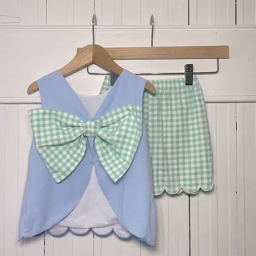 preorder GSSO3440 Blue Bow Sleevless Shorts Girls Set