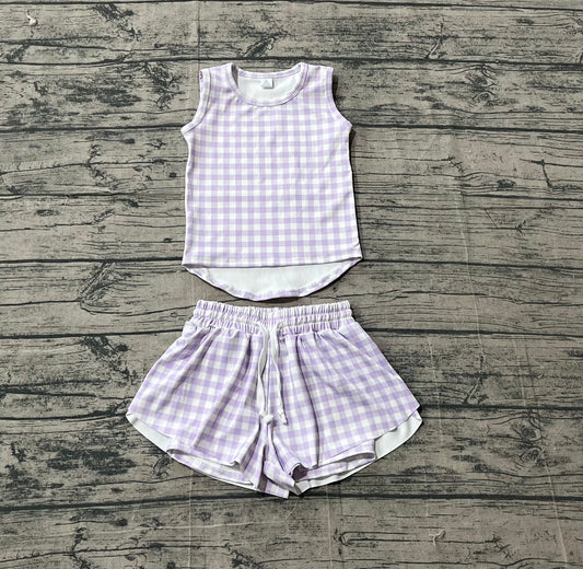 preorder Samples GSSO3477  Yoga Purple Checkered Sleeveless Shorts Girls Set