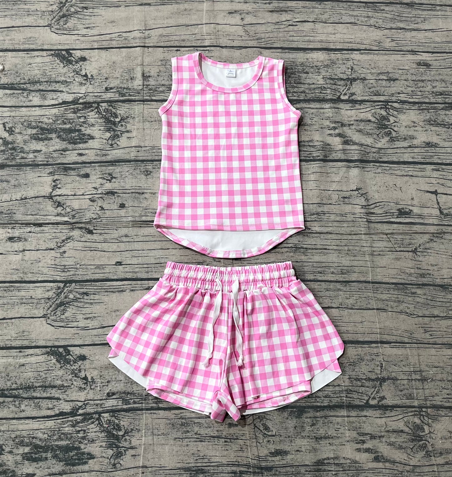 preorder Samples GSSO3478 Yoga Pink Checkered Sleeveless Shorts Girls Set
