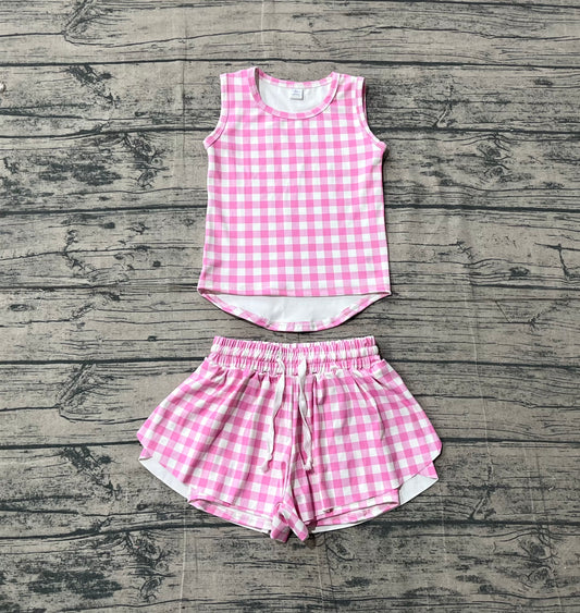 preorder Samples GSSO3478 Yoga Pink Checkered Sleeveless Shorts Girls Set