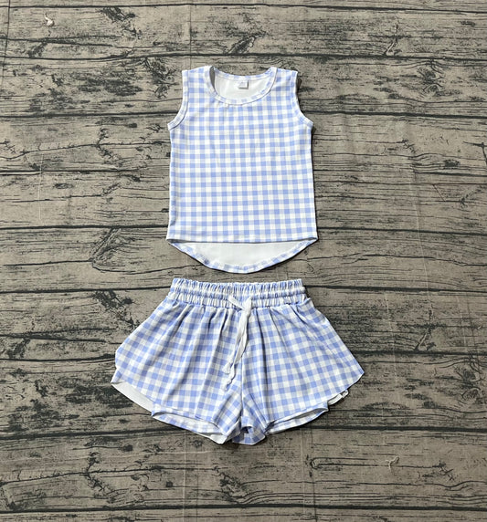 preorder Samples GSSO3479 Yoga Blue Checkered Sleeveless Shorts Girls Set