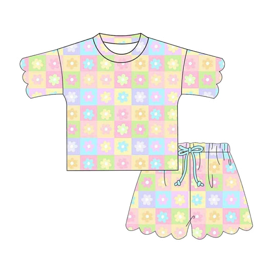 preorder GSSO3482 Colorful Flowers Checkered Short Sleeve Shorts Girls Set