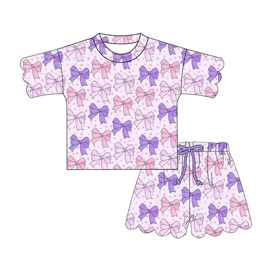 preorder GSSO3483 Pink Purple Bows Short Sleeve Shorts Girls Set