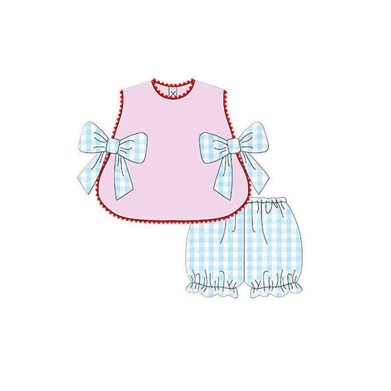 preorder GSSO3486 Pink Bows Sleeveless Blue Shorts Girls Set