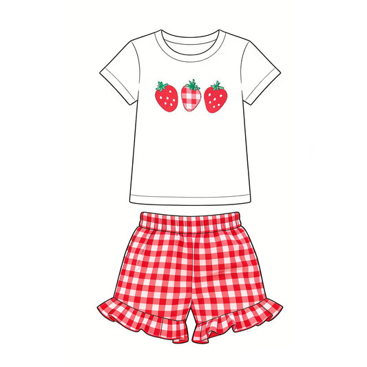 preorder GSSO3488 Strawberry Short Sleeve Red Checkred Shorts Girls Set