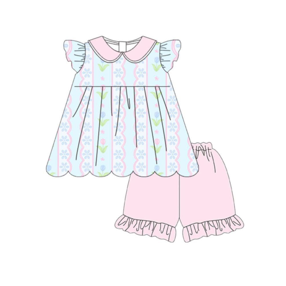 preorder GSSO3490 Pink Flowers Short Sleeve Shorts Girls Set