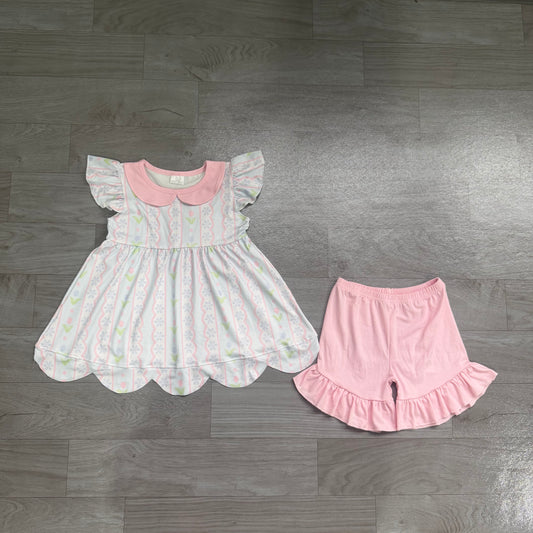 preorder Samples GSSO3490 Pink Flowers Short Sleeve Shorts Girls Set