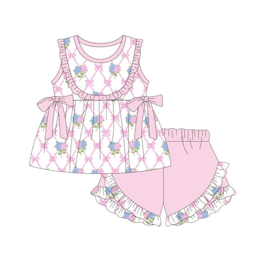 preorder GSSO3492 Pink Bows Flowers Sleeveless Shorts Girls Set