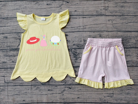 preorder Samples GSSO3495 Cartoon Toy Princess Yellow Flutter Sleeve Pink Shorts Girls Set