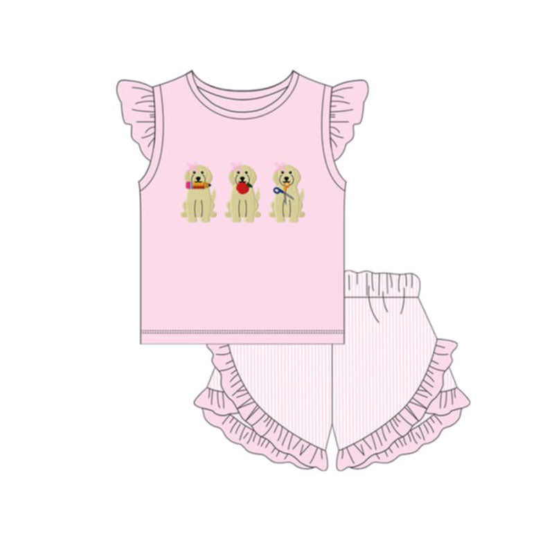 preorder GSSO3497 Back To School Dog Apple Pink Striped Flutter Sleeve Shorts Girls Set（副本）