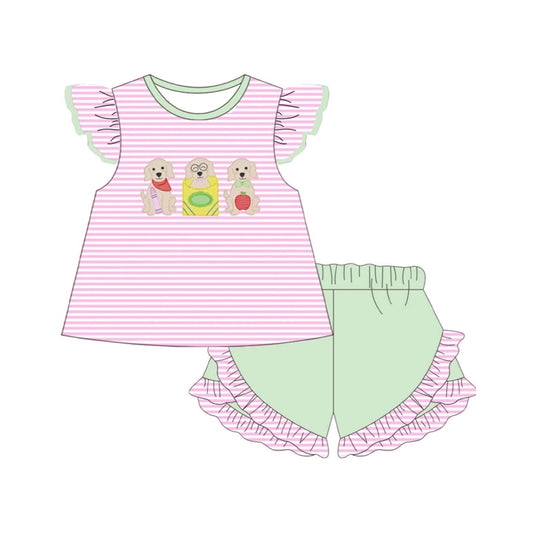 preorder GSSO3498 Back To School Dog Apple Pink Striped Flutter Sleeve Green Shorts Girls Set