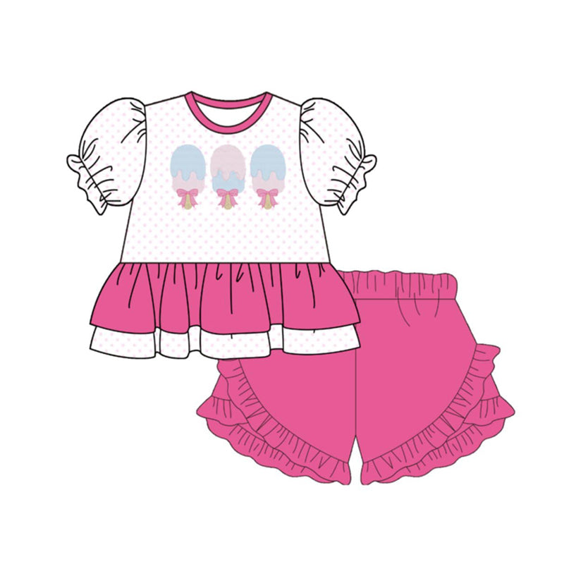 preorder GSSO3502 Cartoon Ice Short Sleeve Hot Pink Shorts Girls Set