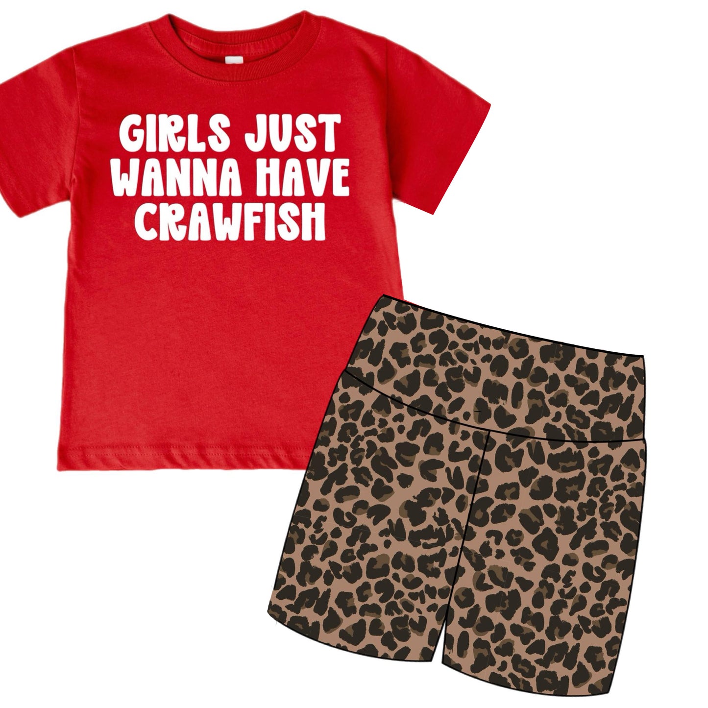 preorder GSSO3505 Girls Just Wanna Have Crawfish Red Short Sleeve Leopard Shorts Girls Set