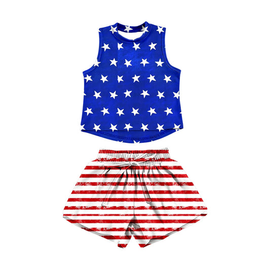 preorder GSSO3518 July 4th Star Striped Sleeveless Shorts Girls Set