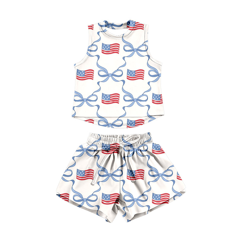 preorder GSSO3519 July 4th Flag Bows Sleeveless Shorts Girls Set
