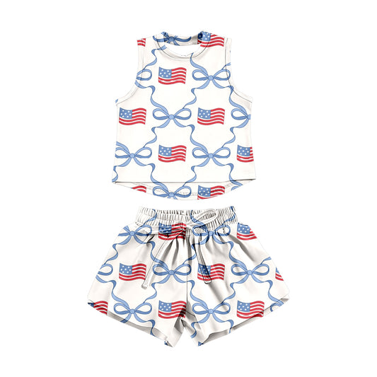 preorder GSSO3519 July 4th Flag Bows Sleeveless Shorts Girls Set