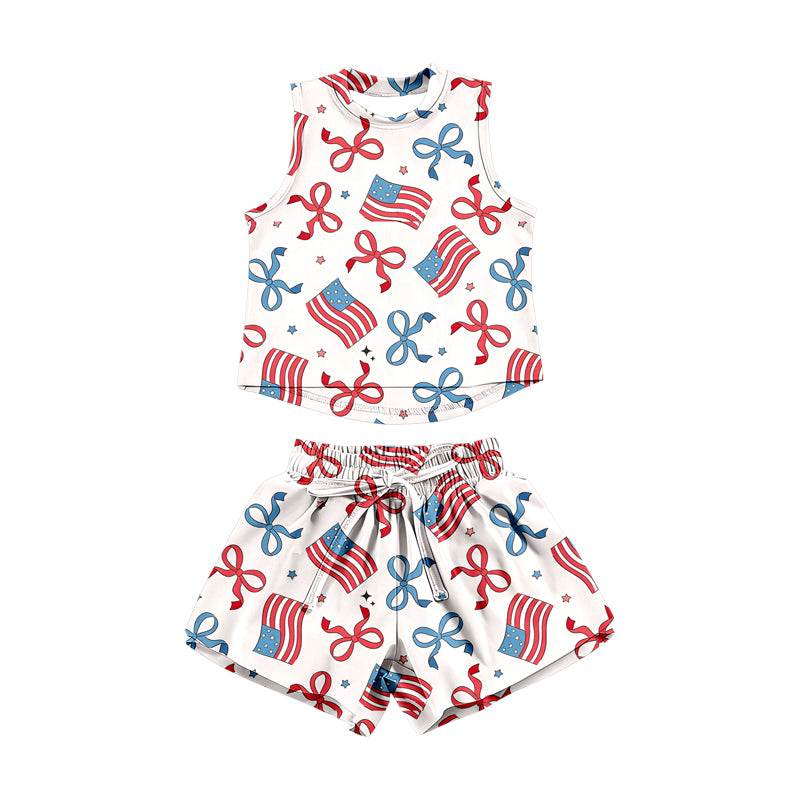 preorder GSSO3520 July 4th Flag Bows Sleeveless Shorts Girls Set