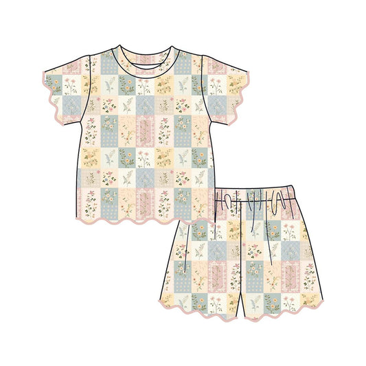 preorder GSSO3536 Flowers Scallop Short Sleeve Shorts Girls Set