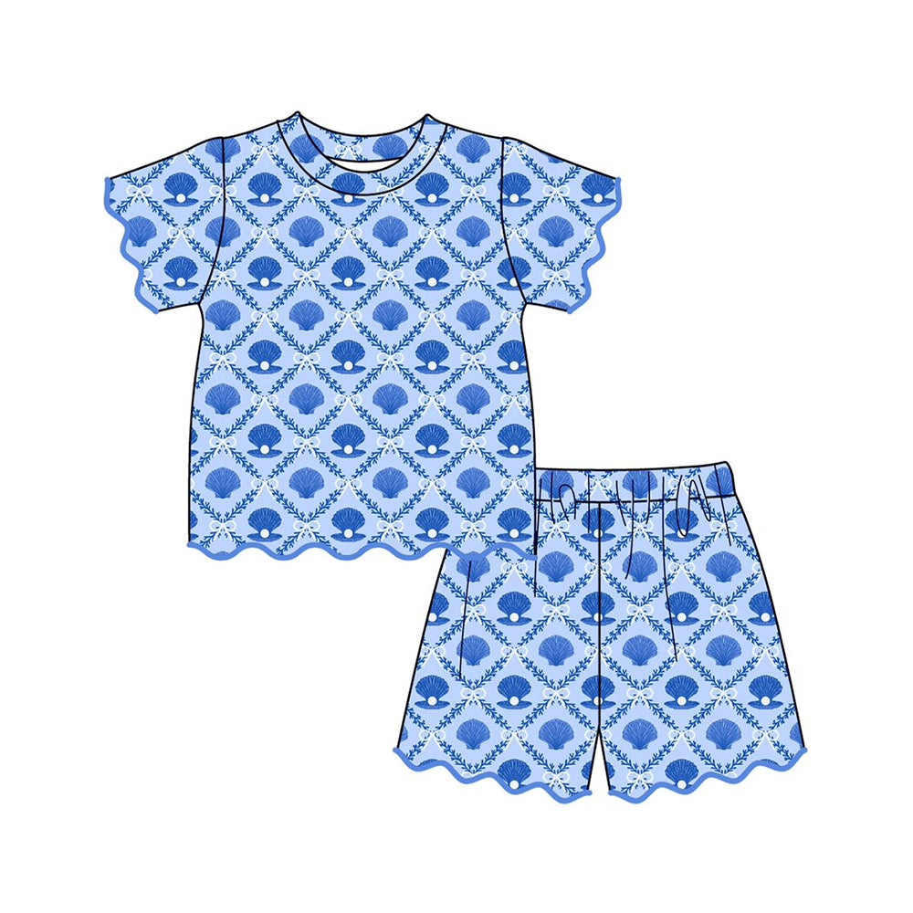 preorder GSSO3538 Pearl Blue Scallop Short Sleeve Shorts Girls Set