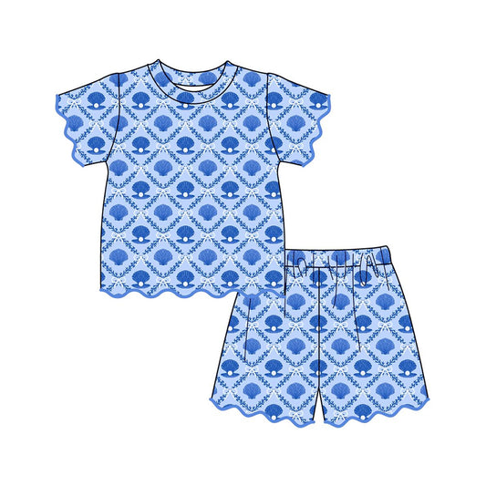 preorder GSSO3538 Pearl Blue Scallop Short Sleeve Shorts Girls Set