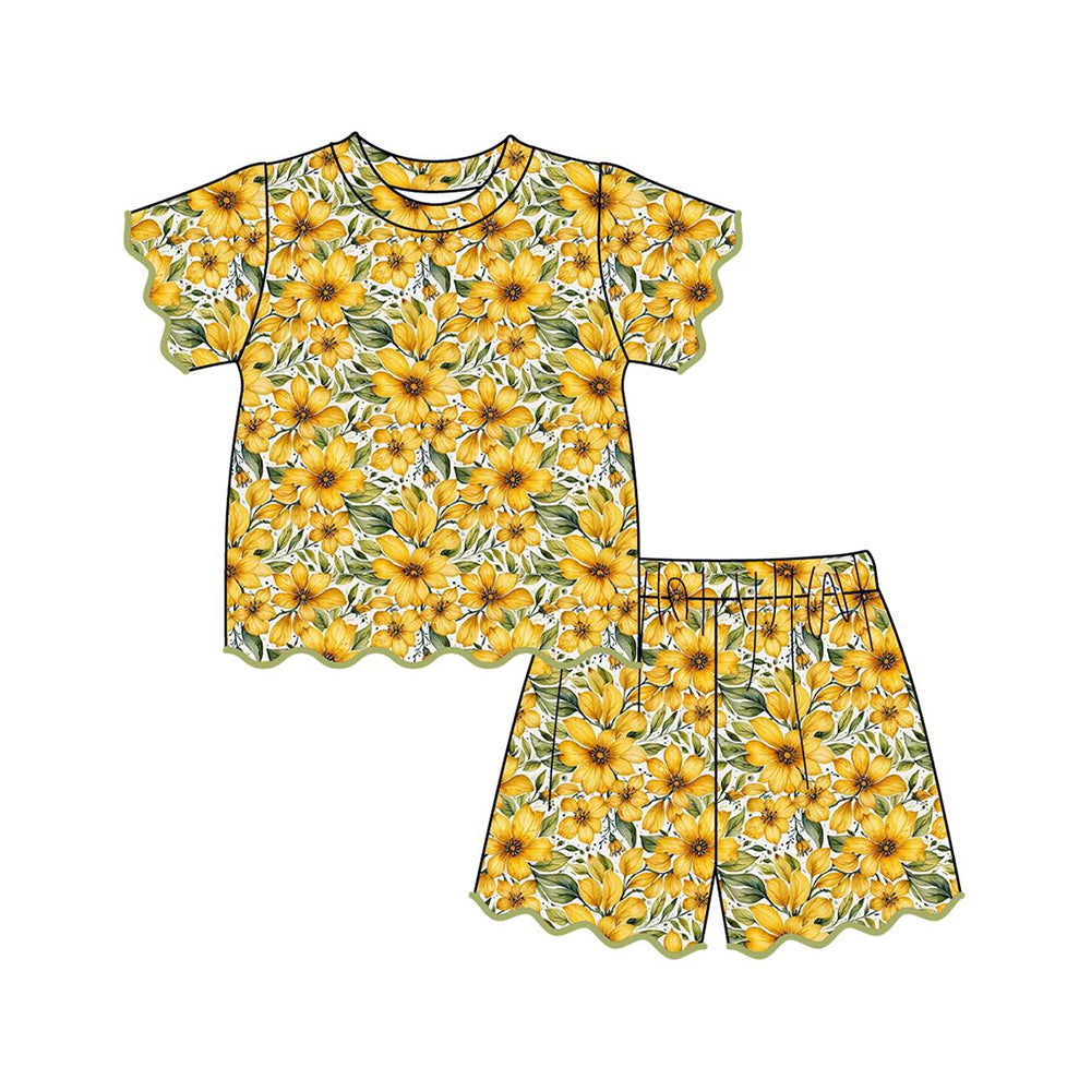 preorder GSSO3539 Flowers Yellow Scallop Short Sleeve Shorts Girls Set