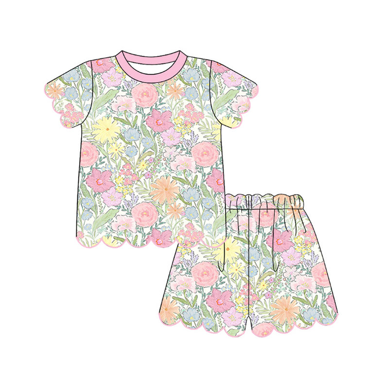 preorder GSSO3543 Flowers Scallop Short Sleeve Shorts Girls Set